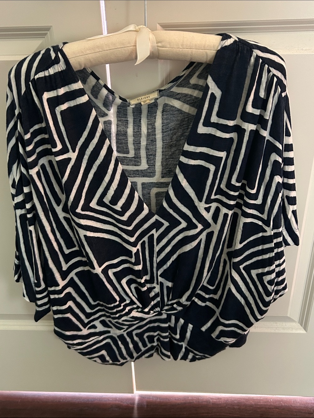 Geometric Navy & White V-Neck Blouse by Vince